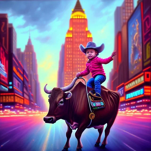 A one-year-old boy rides on the cow in the middle of a busy street in new york. photographic, bright colors and sunset, fantasy art, Anna Dittmann, digital painting, dan mumford, oil on canvas, jeff koons, akihito yoshida, wlop, kodachrome.