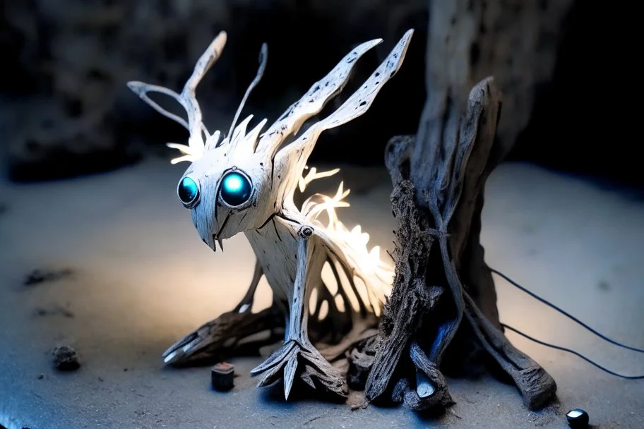 Little sculpture of a strange creature made with concrete and driftwood and mother-of-pearl and low voltage filament lit