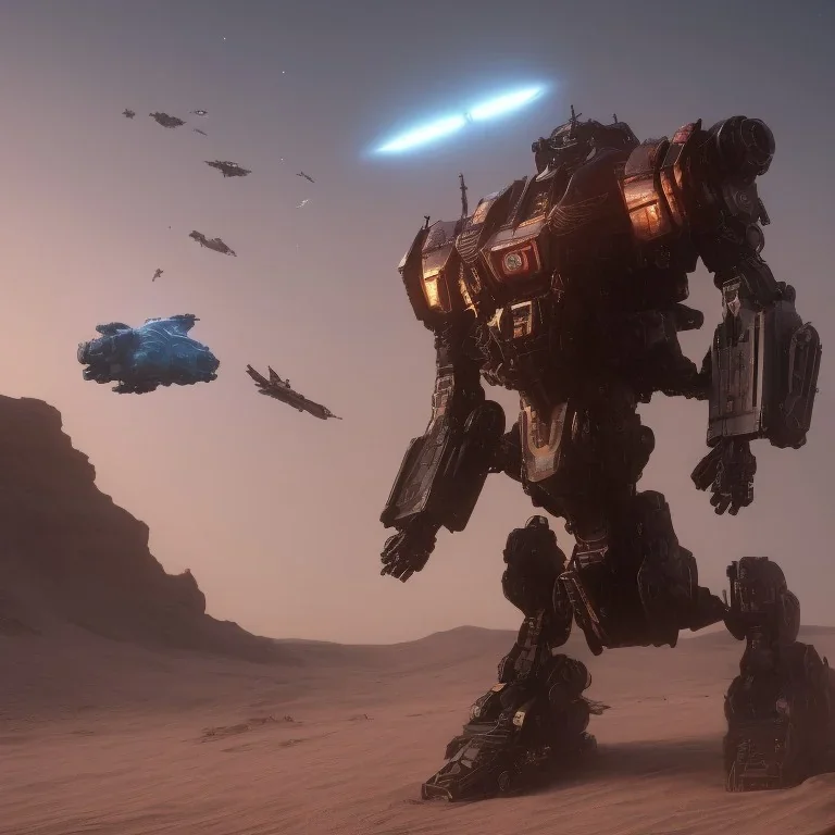 Armored Core machine robot fights another Armored Core fly in the sky in the desert with the ocean where you can see the space in the sky with the twilight on the horizon, 4k resolution