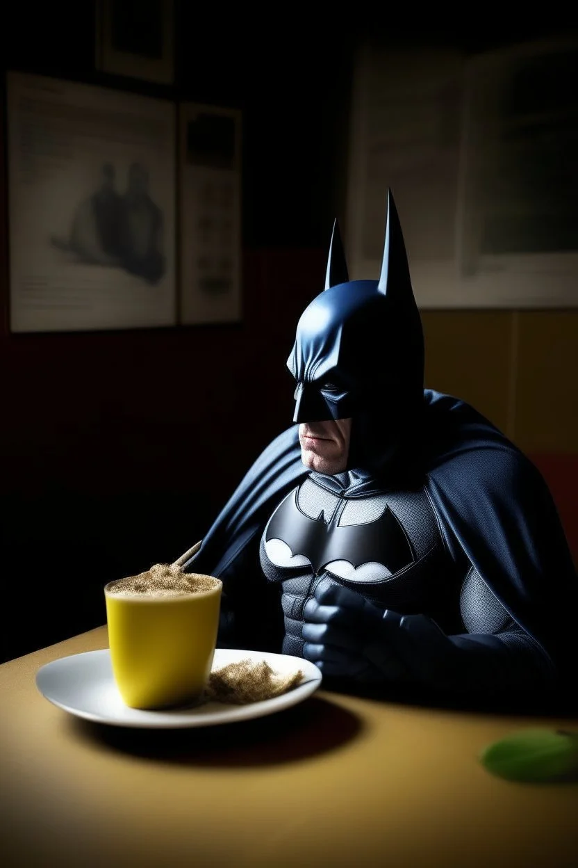 depressed batman drinking old pub magazine cover, eating pizza Argentina