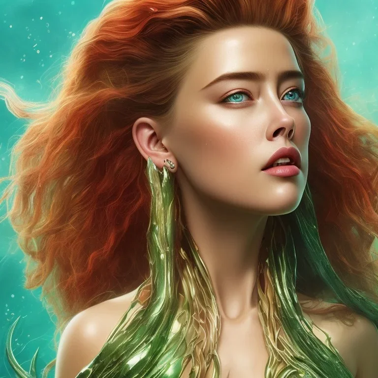 portrait head Amber Heard Aquaman curly red hairs under the green sea