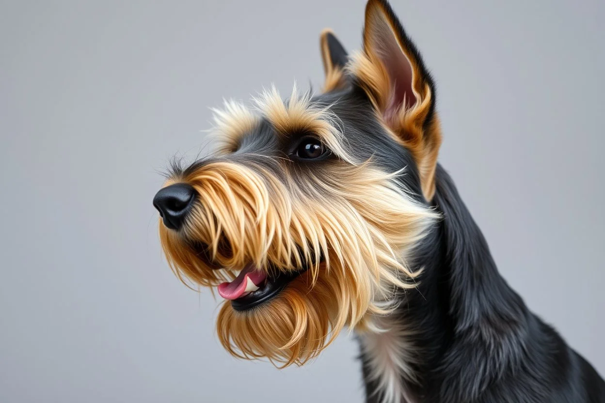 side of head nose mouth and eyes of a Scottish terrier coming up from the side-bottom, mouth open biting