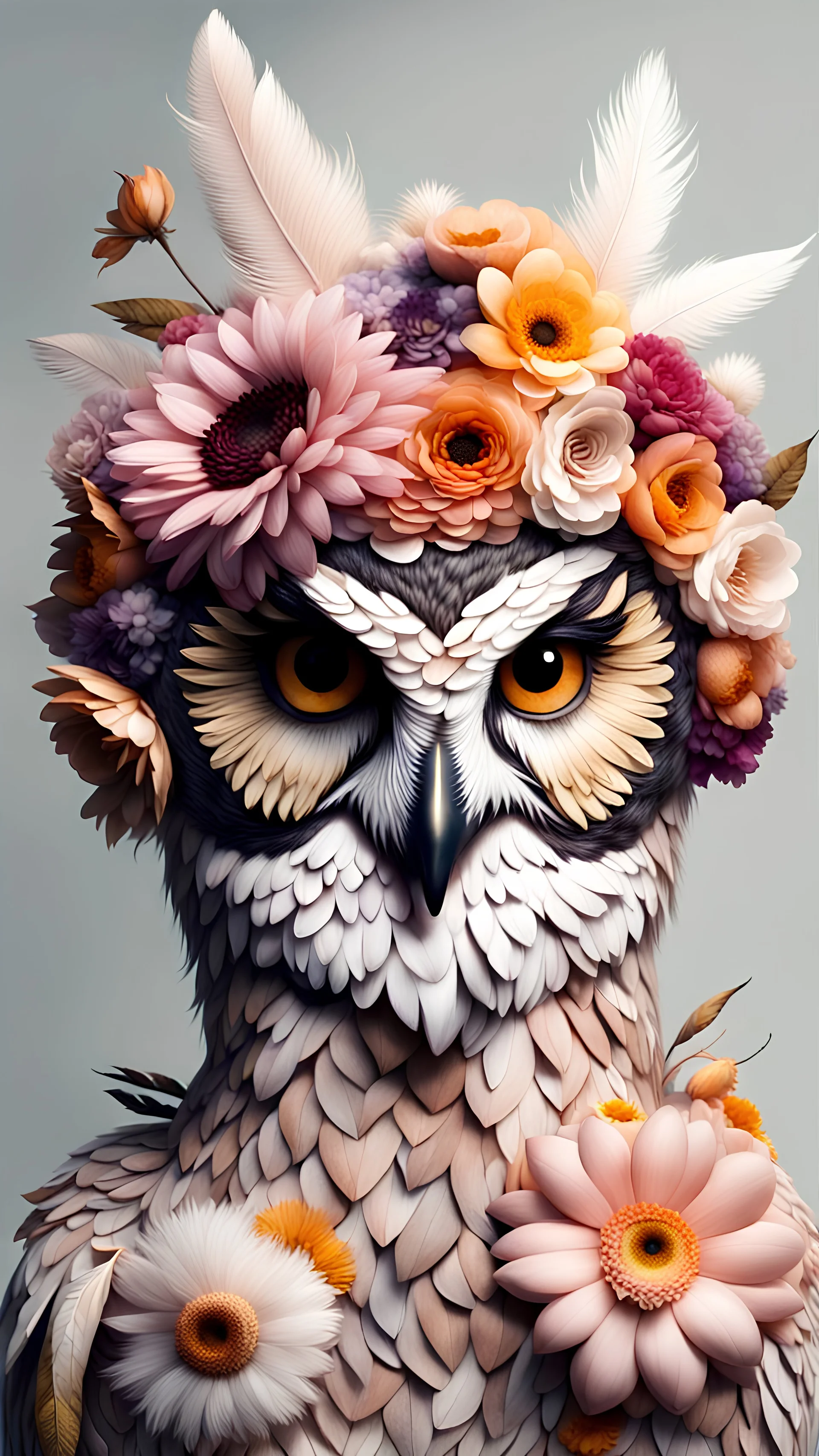 male with owl head made from a lot of beautiful flowers , skin textured with feathers, pale colors smooth contrast,