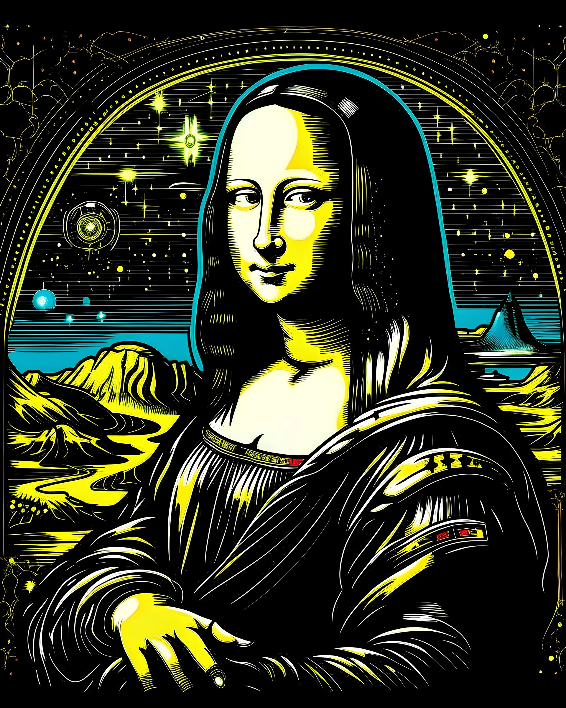 mona lisa in space suit, with alien pearing over her shoulder, in shephard fairey style graphic, black background with stars.