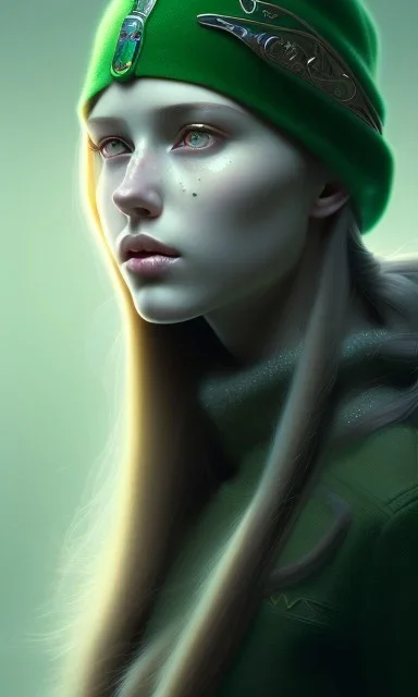 girl, cute, beautiful, long hair, wavy hair, green hair, blue eyes, green beanie, green coat, black tee shirt, head and shoulders portrait, 8k resolution concept art portrait by Greg Rutkowski, Artgerm, WLOP, Alphonse Mucha dynamic lighting hyperdetailed intricately detailed