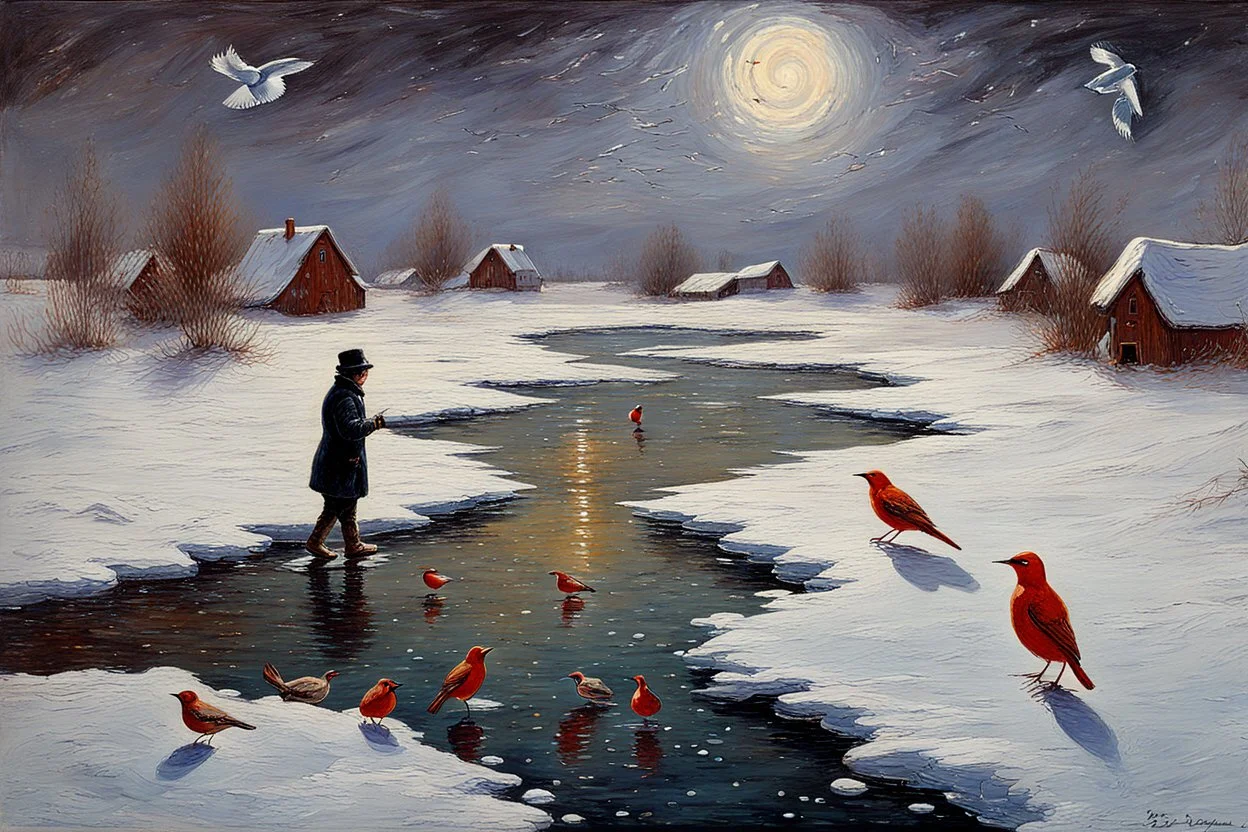 Gems, little puddle, space, man, ice, winter, flying birds, fantasy, otto pippel impressionism painting