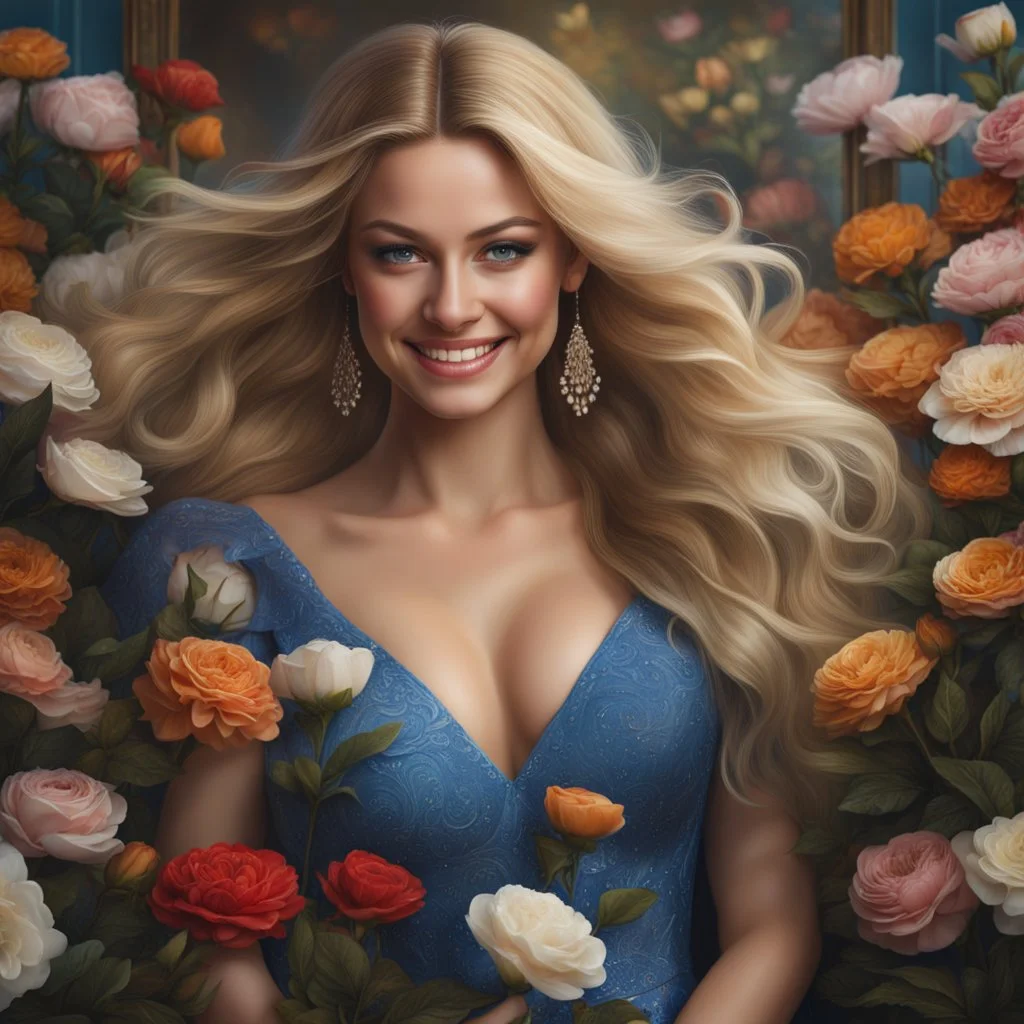 (best quality, 4k, 8k, highres, masterpiece:1.2), ultra-detailed, (realistic, photorealistic, photo-realistic:1.37),hyper realistic, gorgeous smiling 1woman,long hair,looking at viewer,realistic proportions,blue eyes,hair ornament,dress,very long hair,flower, blonde hair,parted lips,necklace,white dress,orange hair,lips,blurry background,freckles,realistic,head wreath,orange flower,realistic portrait