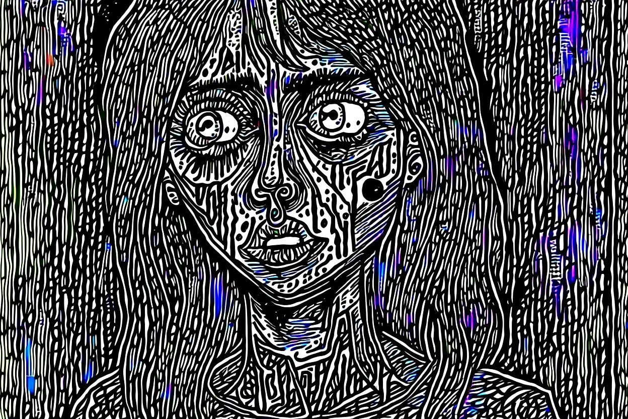 create a disturbing horror full body woodcut of a dark haired, savage, gothpunk vampire girl with highly detailed , sharply defined hair and facial features, in a dark, otherworldly London in the style of Junji Ito, precisely drawn, inked, with dramatic edges,