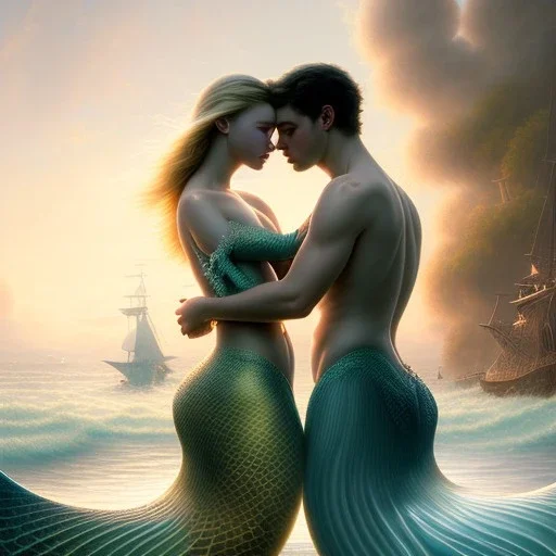 A beautiful portrait of a fusion of Scarlett Johansson and Elle fanning as a mermaid , leaning on a ships deck ,Rough sea in the background, (digitall art by Eugene de Blaas and Ross Tran, vibrant color scheme, highly detailed, in the style of romanticism, cinematic, artstation best quality, realistic lighting, masterpiece portrait, details light dusting , cowboy shot from above, simple chain hauberk Vector art digital illustration 3D shading )