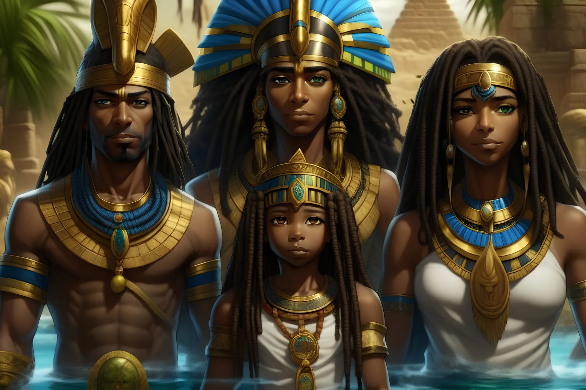 potrait of black african osiris and horus in ancient atlantis Egyptian pyramid of giza in the center of a lush maze garden of eden surrounded by a band of water that flows in The four rivers of Eden, this garden is a magical oasis surrounded by a vast and golden desert, Hyper Detailed Face, Photorealistic, Intricately Detailed, Oil Painting, Heavy Strokes, By Jean Baptiste Monge, By Karol Bak, By Carne Griffiths, Masterpiece, Unreal Engine 3D; Symbolism, Colourful, Polished, Complex; U