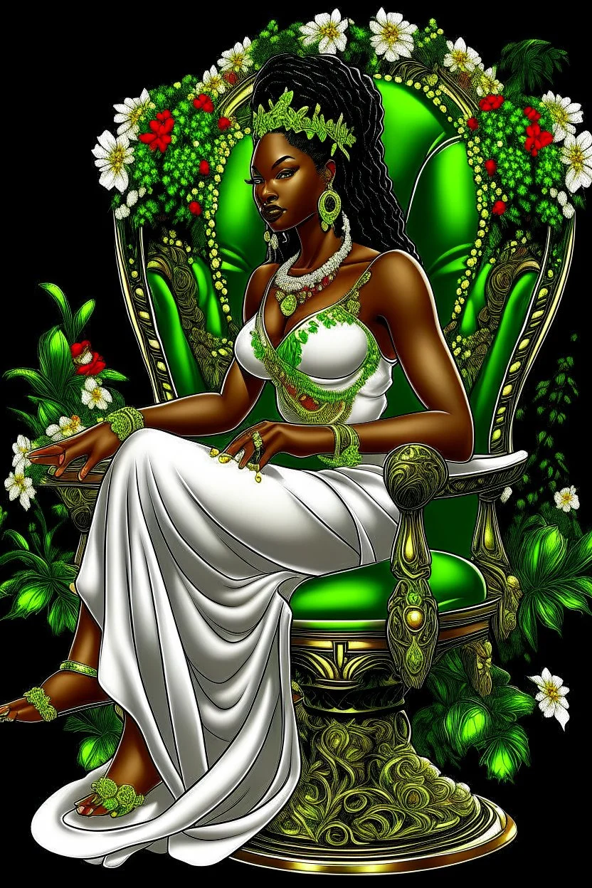Create a digital airbrush cartoon of a curvy African American female sitting sideways on a queen throne. She is wearing a white shiny gown with white heels. Prominent make up with brown eyes. Highly detailed black and off-white braids in her hair. The braids are flowing all directions with a crown on her head. Background of green, black and red flowers surrounding her