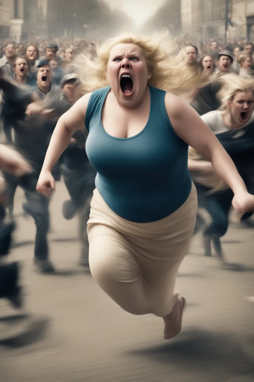 an obese terrified blonde woman desperately running away from an angry mob of hundreds chasing far behind her