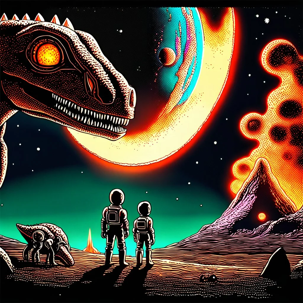 two sad characters gazing out of a spaceship window at a cratered burning close up 3d planet. On the left an thin alien with very pointy shape head and with x-shaped mouth, and on the right a bigg stronger dinosaur-like creature with big head sharp teeth. The background displays a dark space scattered with distant stars and three small explosions occurring on the planet's surface, adding a dramatic sense of action to the scene. realistic, detailed, cinematic, sci-fi