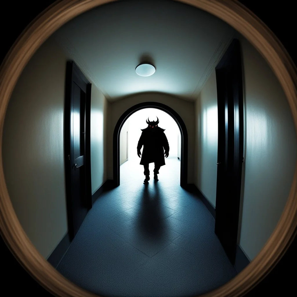 a demon waits in the corridor [A scene viewed through a door peephole, circular fisheye lens distortion, soft dark vignette around edges, slightly warped perspective, as if looking through a small aperture]