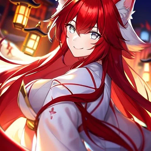 Clear focus, 8k, beautiful lighting, vibrant colors, fox girl, red hair, long hair, white eyes, miko, tail, smile,