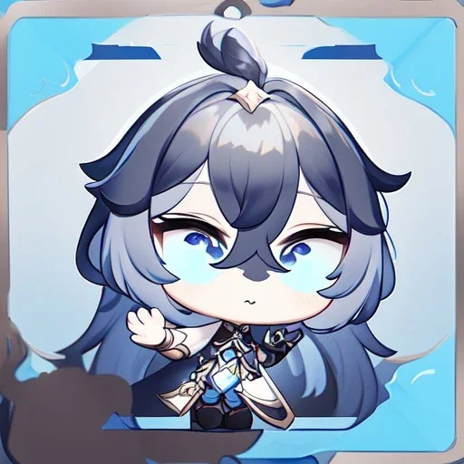 Genshin woman, Clear Focus High resolution, Calm Background, Light skinned woman, Black long beatiful hair, Dark blue sparkling eyes, Very Beatiful Face, Splash art, Cute Scene, Chibi