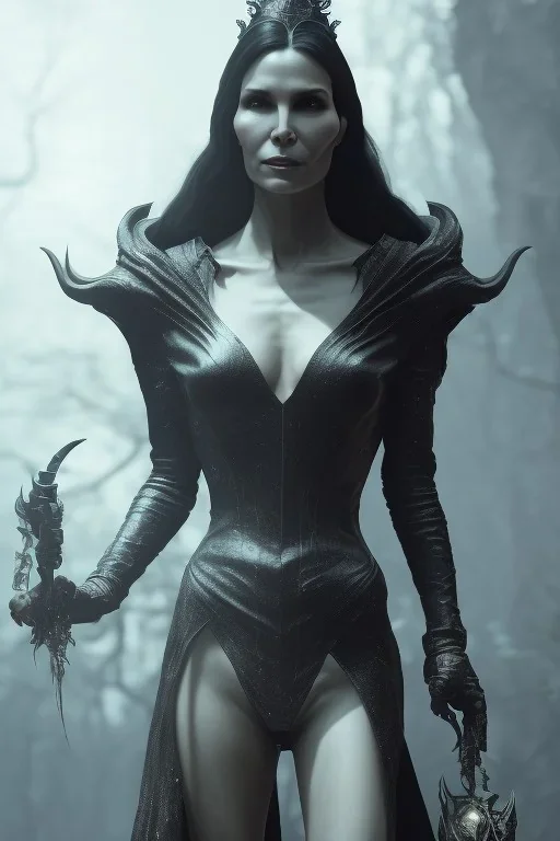 Famke Janssen as evil queen in black leather, cleavage, dominatrix, angry, stern look. character design by cory loftis, fenghua zhong, ryohei hase, ismail inceoglu and ruan jia. unreal engine 5, artistic lighting, highly detailed, photorealistic, fantasy