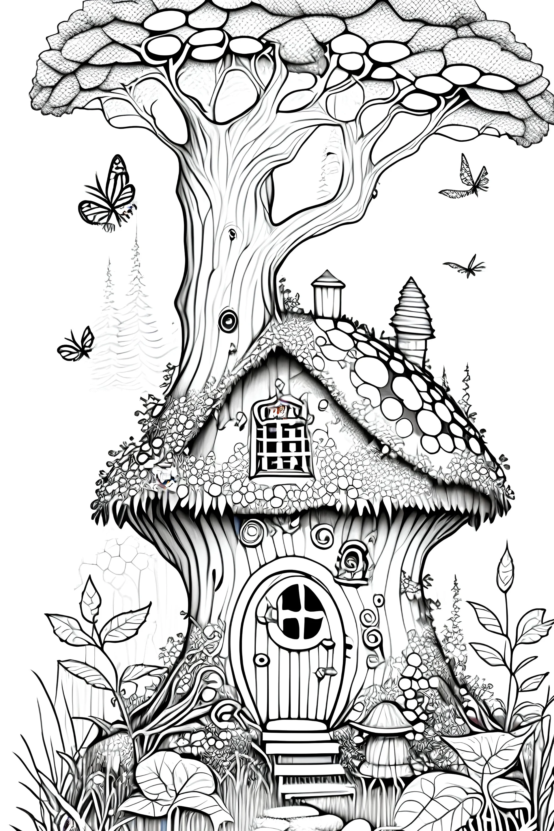 a coloring page, a whimsical fairy house in the forest, cinematic view, clean lineart, balck and white only.