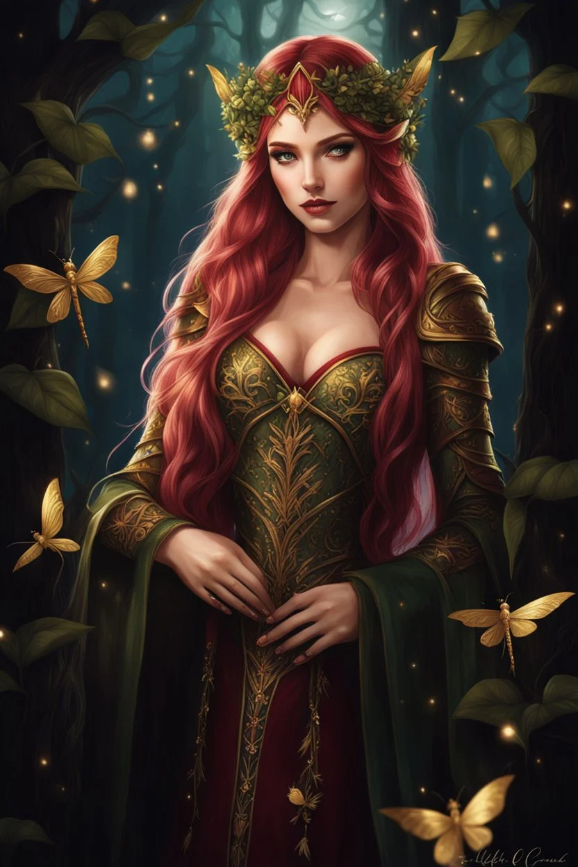 Burgundy hair, dark hair,dark red , rapunzel hair,very long hair,dark fairy princess,elven crown,night,dragonflies,beautiful,ong ashes,golden armor ,sparkle,night blooming,ivy,dark green,lilly of valley,golden elven crown,elven warrior,dark gold armor