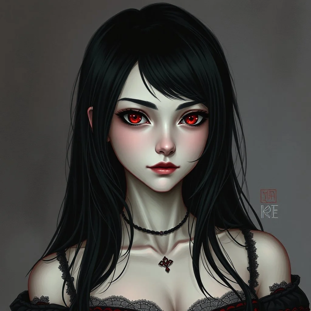 a pretty girl, 14 years old, black hair, vampire, red eyes, realism, stylised, serana, fantasy, mystery