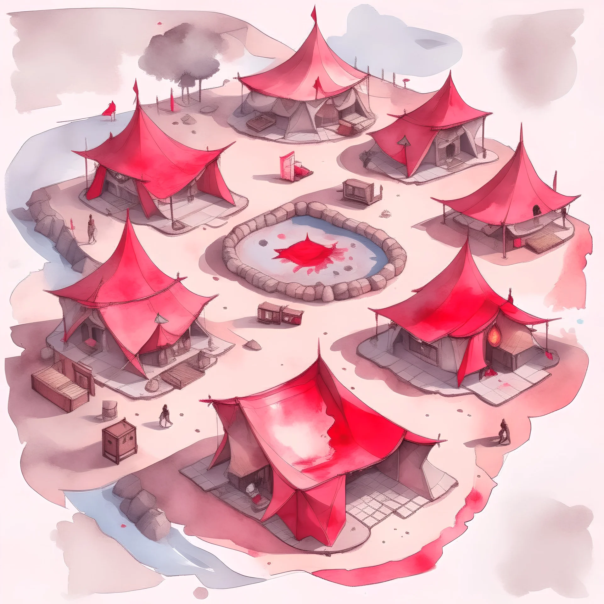 dnd, fantasy, top-down map, map of a large camp, demonic wastes, red, black sand, tents, illustration, watercolour