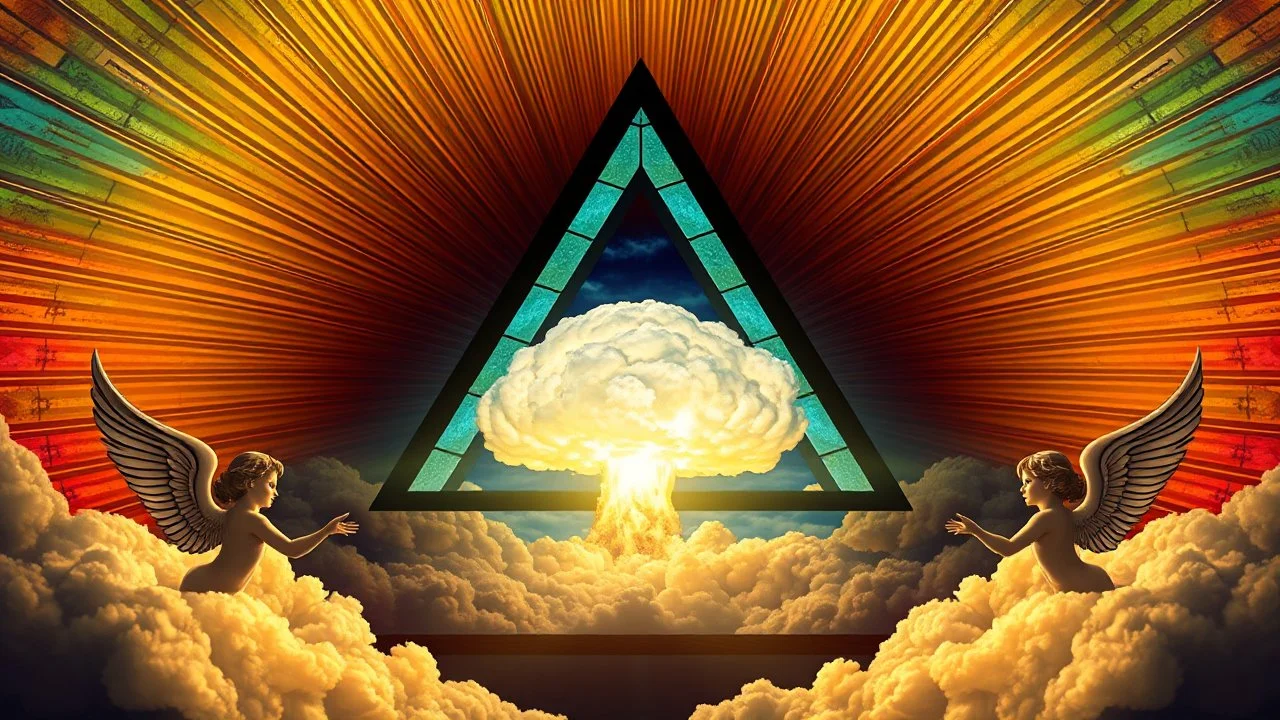 a nuclear explosion cloud(middle) framed from behind by a triangle of stained glass surrounded by radiant lines from the center, the wind and smoke from the explosion forming shapes of attractive dancing women with small angel wings(left and right foreground) like cherubs in the clouds, religiose art, angelic light