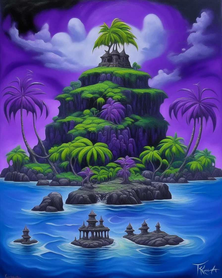 A purple South American island with a jungle designed in Hawaiian tiki statues painted by Mark Rothko