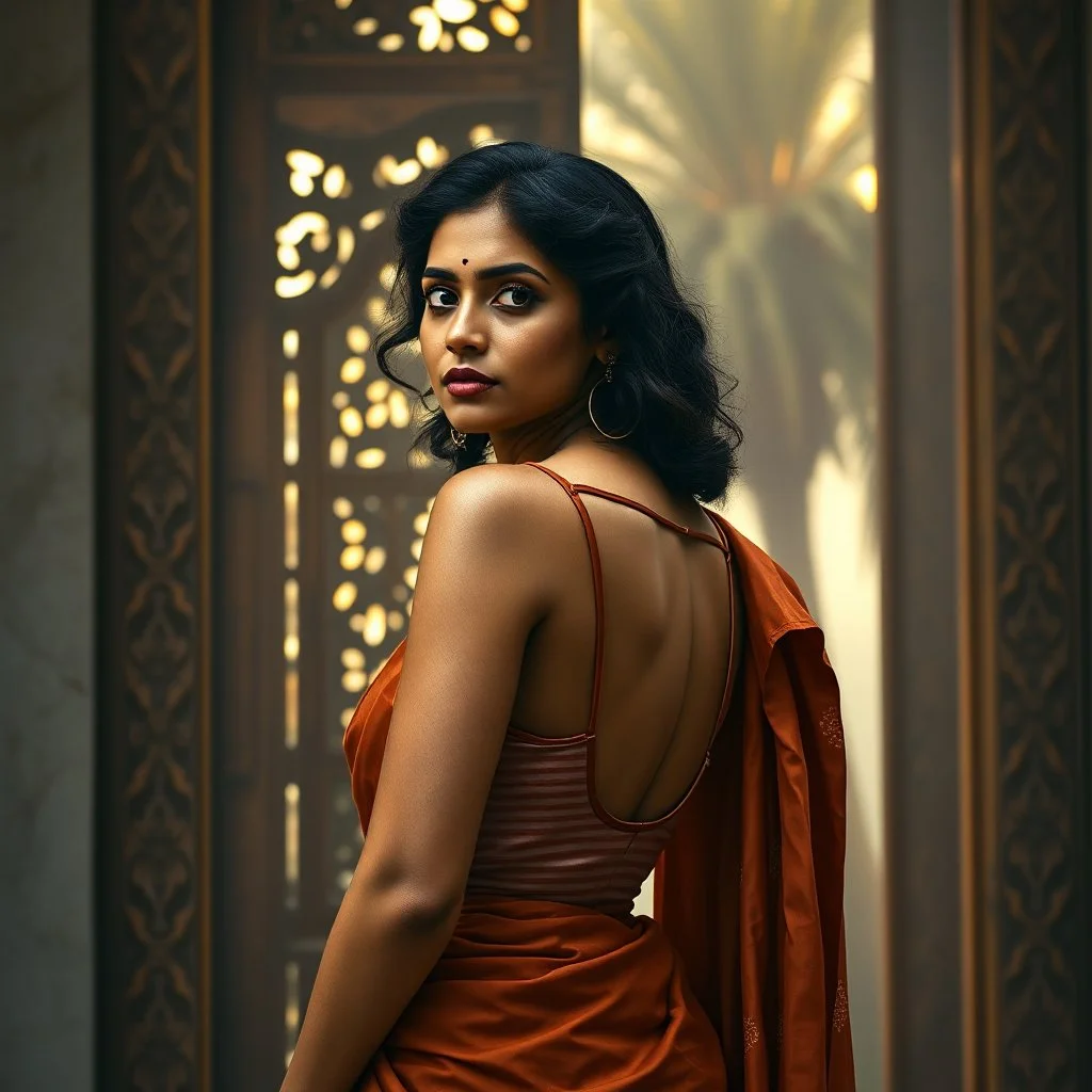 A divine South Asian woman stands in quiet grace, draped in a designer saree of earthy clay tones, evoking the warmth of Bengal soil. Her modern blouse features a deep back cut and minimalist straps, blending tradition with contemporary elegance. Her teary eyes shimmer with emotion, her serene face framed by soft curls and a subtle bindi. Behind her, a carved wooden door with intricate floral and geometric patterns glows in the misty golden light of Diwali. A tall palm tree looms through the fog