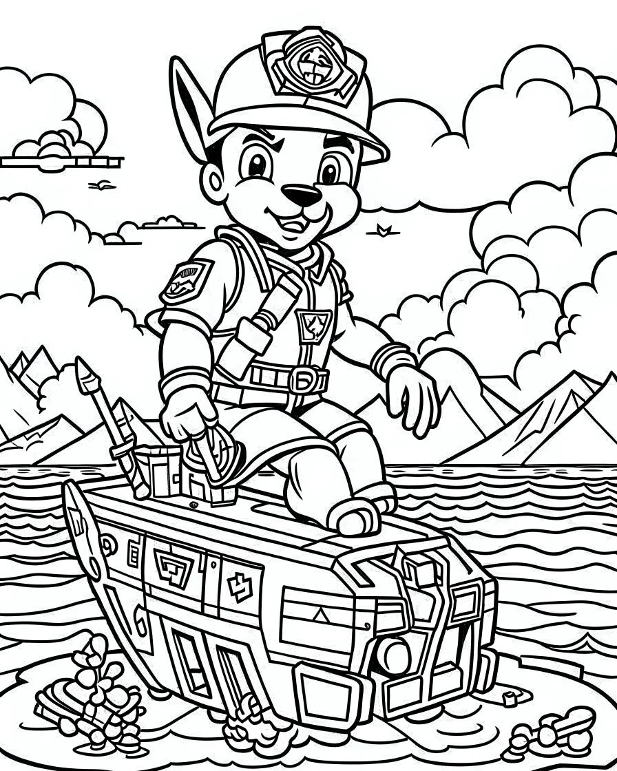 outline art for Paw Patrol Zuma On Water Craft coloring page, Japanese manga style, cartoon style, cute face, white background sketch style, full body is a must, only use outline, clean line art, no shadow, bold outline