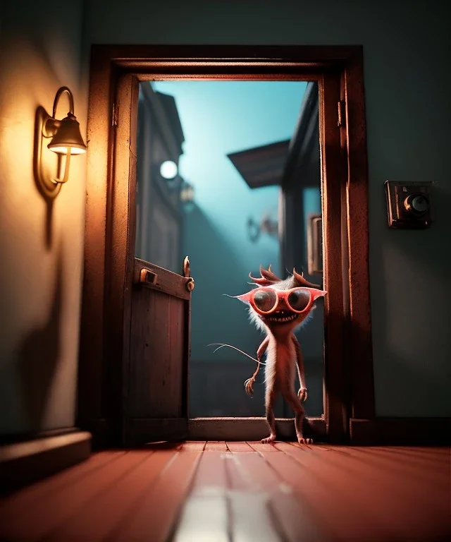 Wes Anderson photographer, night, monster peeking behind the ajar door, Ultra realistic, punk style, wide angle view, soft color, highly detailed, unreal engine 5, ray tracing, RTX, lumen lighting, ultra detail, volumetric lighting, 3d, finely drawn, high definition.