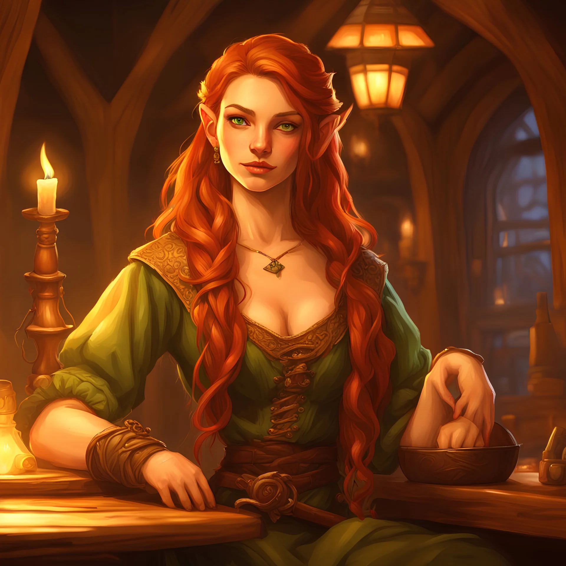 Tabaxi female bard in D&D style, long auburn hair cascading over shoulders, green eyes gazing seductively, stance conveying allure, intricate costume design, fantasy tavern background, patrons and wood-beamed ceilings slightly out of focus, candlelight casting a warm glow, ultra realistic, highly detailed, dramatic lighting