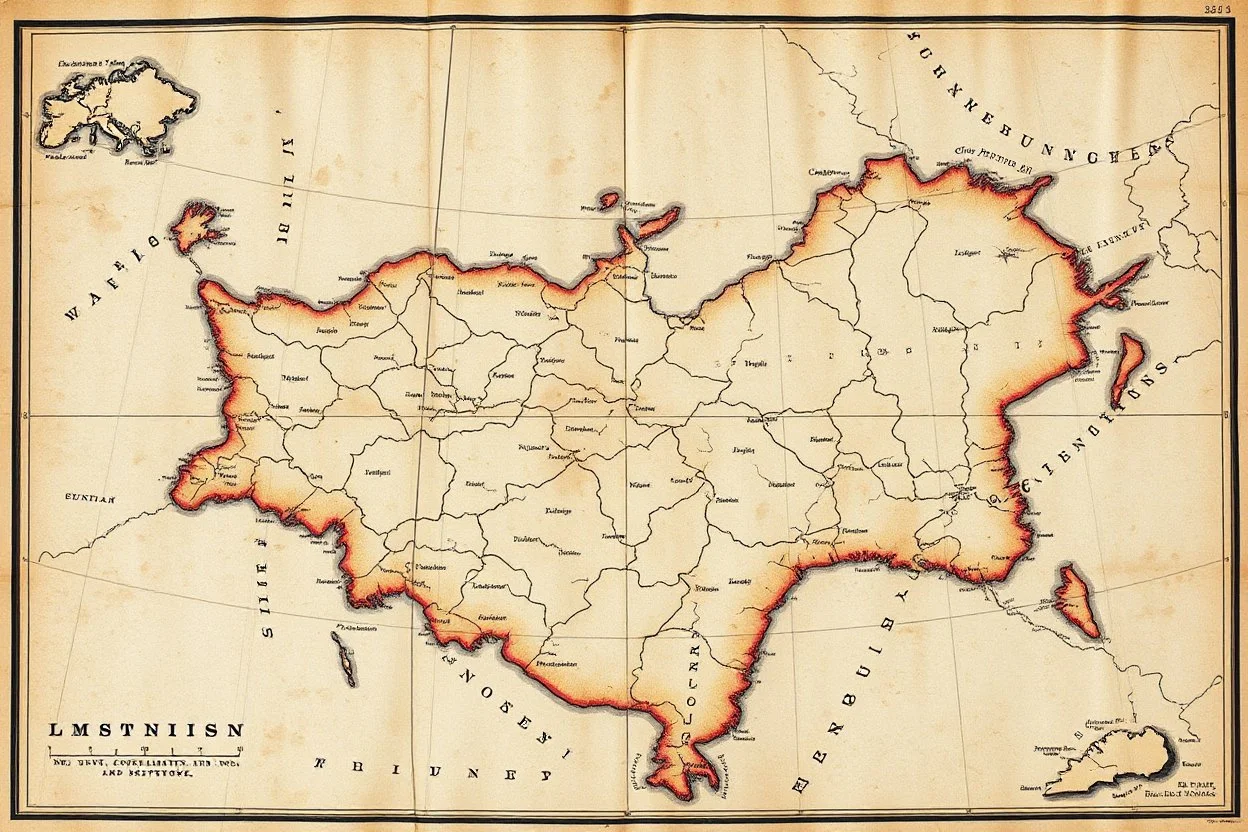an old and weathered map of an inland section, no words, with latitude and longitude lined