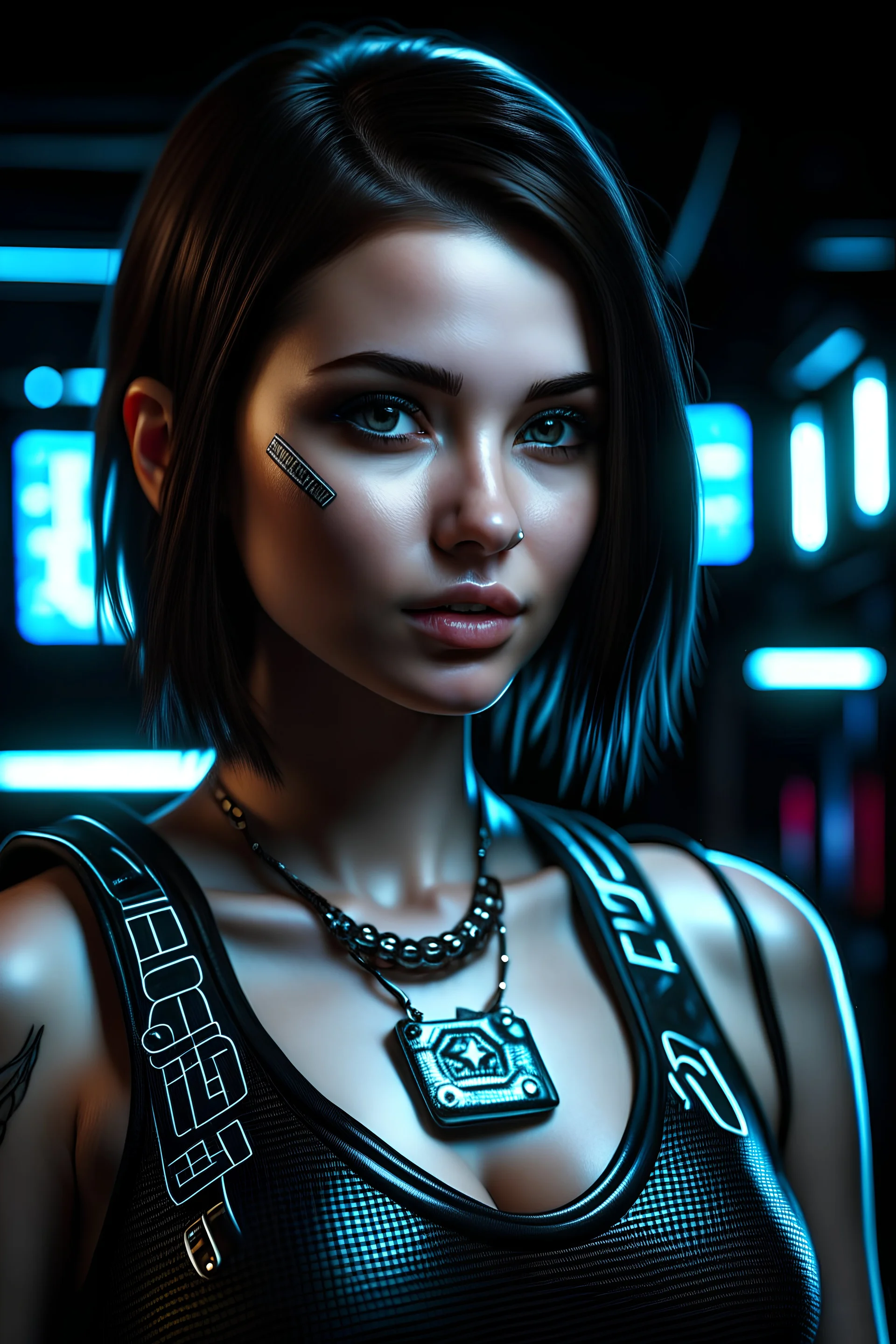 cyberpunk brunette, short dress, alluring eyes, ultra photorealistic, cinematic 4k image