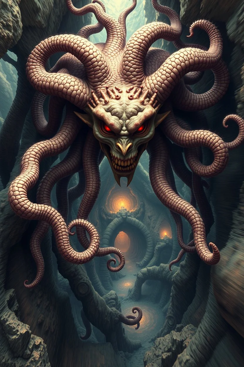 søt som fy Medusa, en god og snill og flink og veldig søt og hårete som en hippie , humanoid skapning fra universet, de regjerer ofte i underjordiske byer . ser på seg selv som overlegne , abyss city, motion blur, painted by Escher