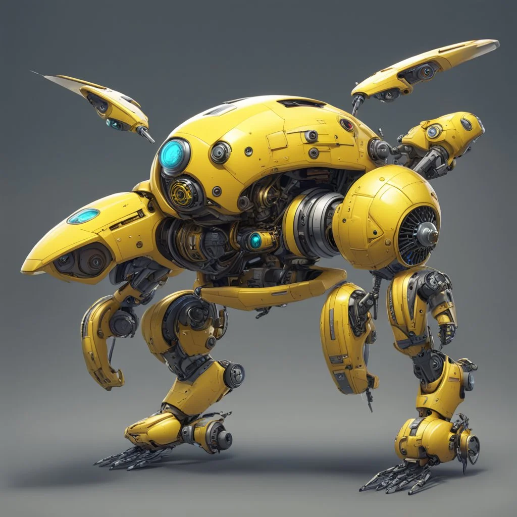 a yellow flying assistant robot , sci fi biopunk theme, detailed