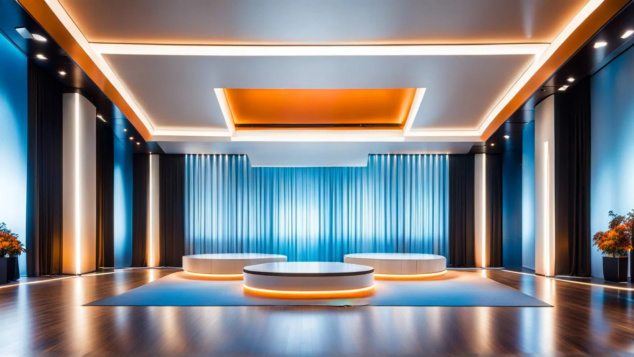 beautiful dance stage in luxury modern hall dynamic lights, modern furniture light blue & orange theme