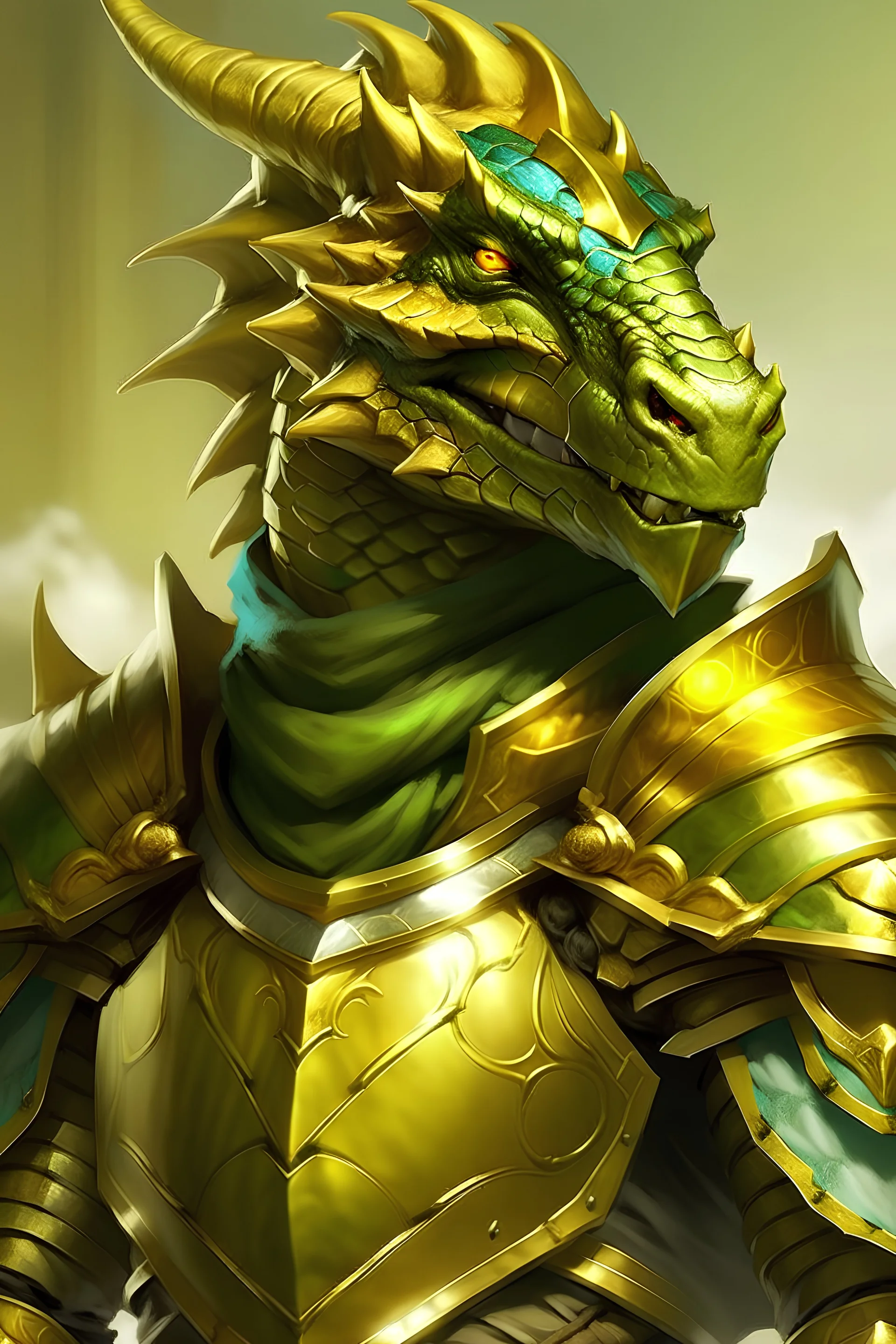 Dragonborn DnD, golden, friendly face, green knight