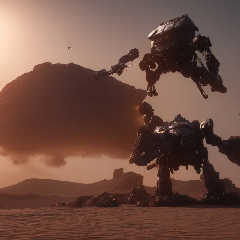 Armored Core machine robot fights another Armored Core fly in the sky in the desert with the ocean where you can see the space in the sky with the twilight on the horizon, 4k resolution