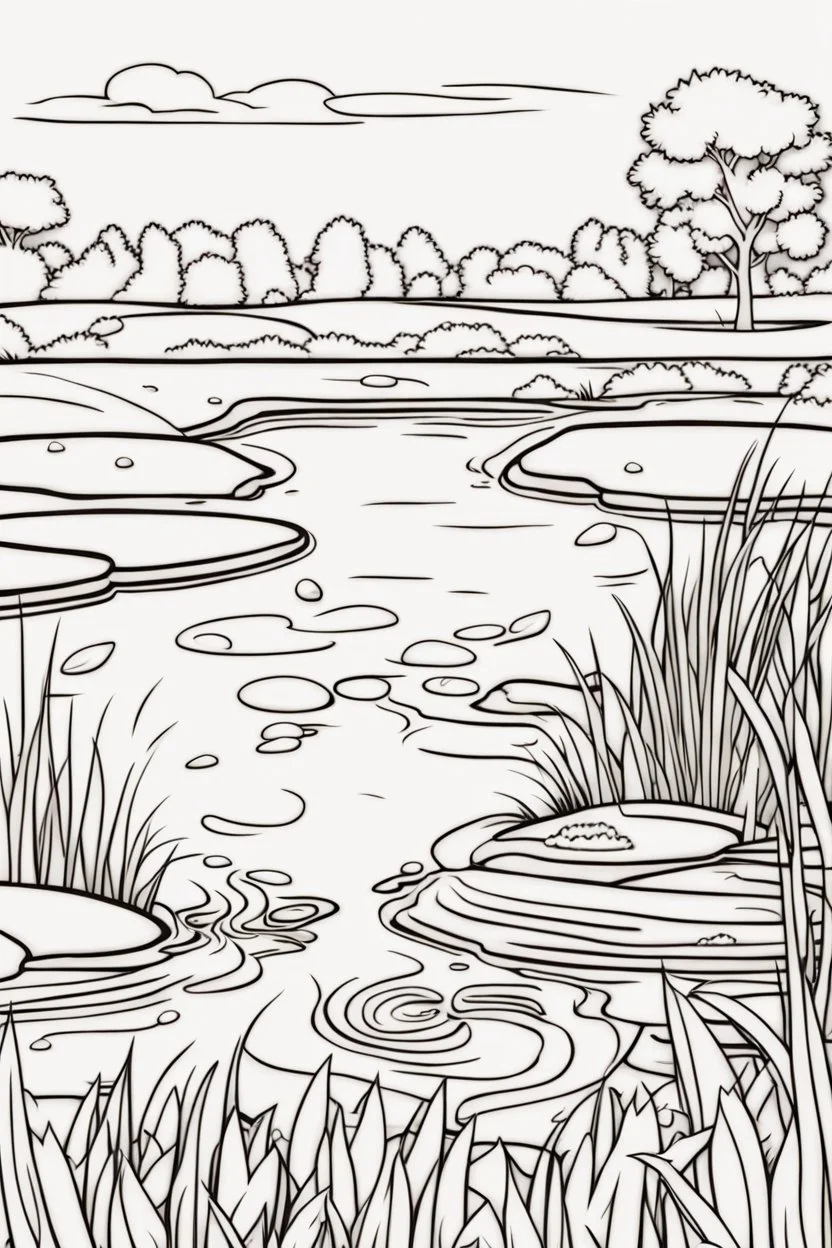 coloring page, pond in the field, cartoon style, thick lines, low detail, no shading