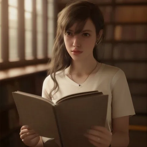 studying girl in library, ultra detail, curl hair, realistic photo, unreal engine, cinematic lighting --ar 1:1 creative