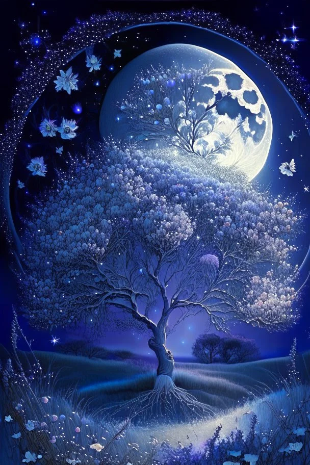 a background of softly blended blues, greys, silvers, purples, and whites with distant, twinkling stars in the sky, an a spherical serene moon, casting a soft glow of light on a foreground of a field of various flowers surrounding a tree of life