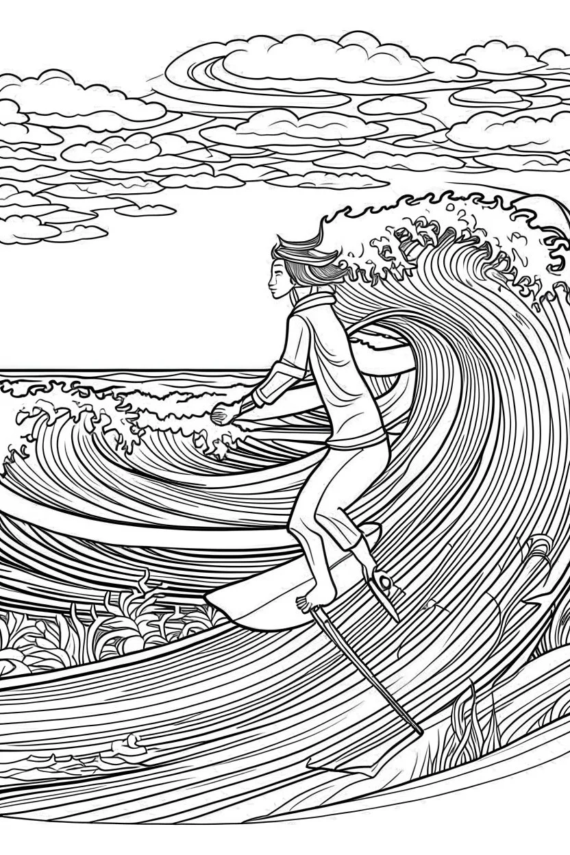 Outline art for coloring page OF A SURFER RIDING A WAVE IN HAWAI, coloring page, white background, Sketch style, only use outline, clean line art, white background, no shadows, no shading, no color, clear