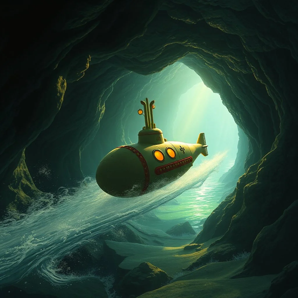 fantasy, a little submarine, traveling through an underwater cave, lord of the rings style