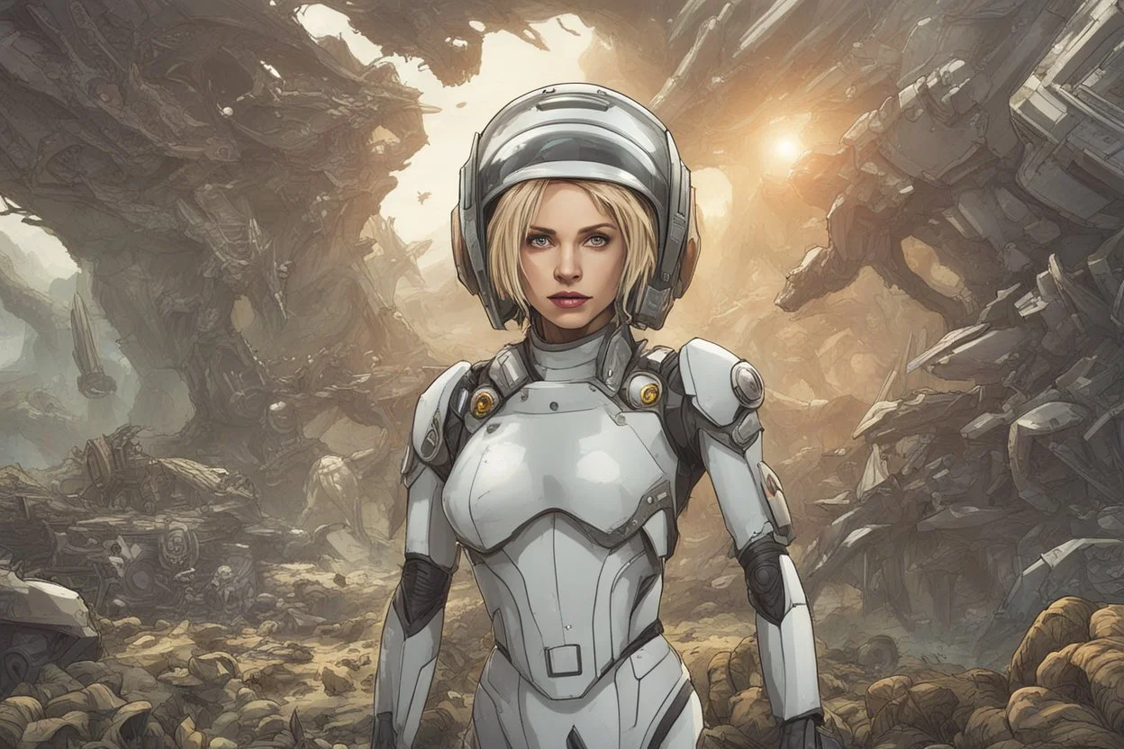 Wide-angle, full body of a woman, with straight blond hair, dressed like a robot, with equipment in her hands, next to a crashed spaceship, on an alien jungle world in the multiverse