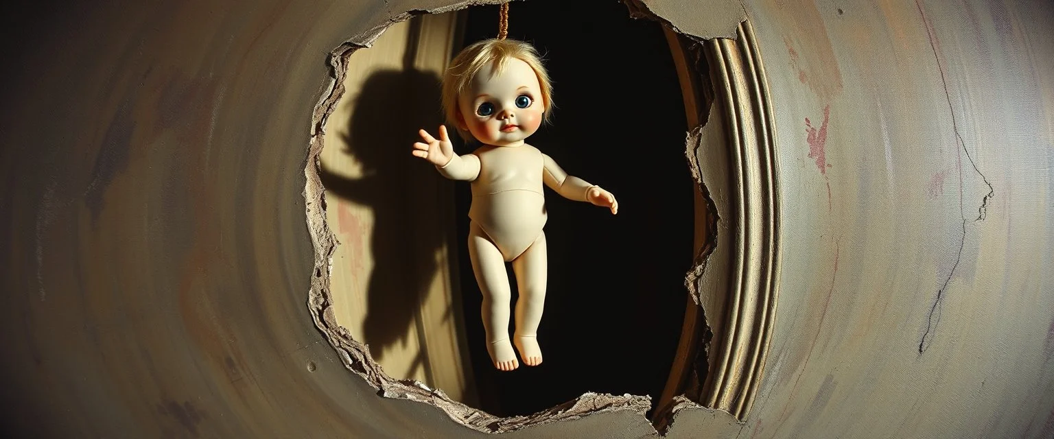 terror doll barely hanging on, master oil painting by Escher and Giger, sodom in the style of Fallout 4, pinhole cam pic, dimensional door, tear in the fabric of reality