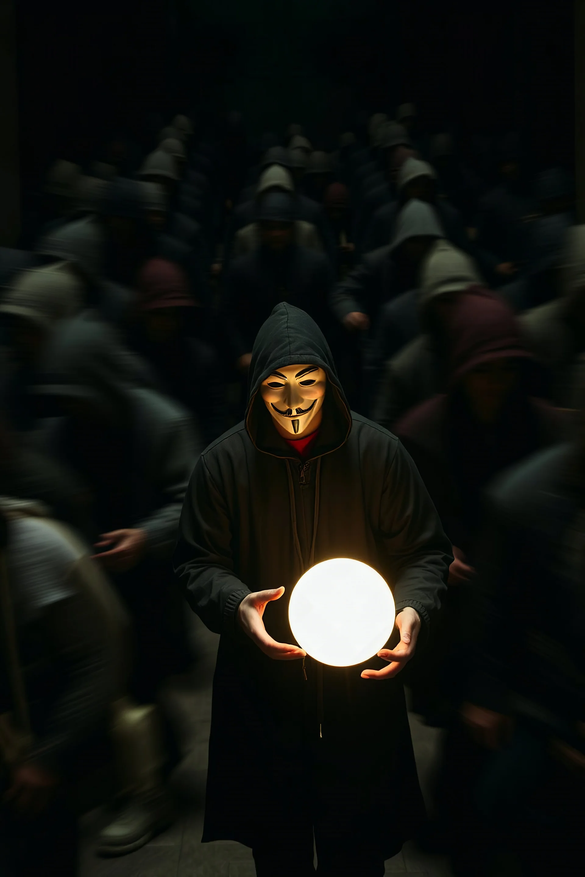 A lot of people moving rapidly walking every direction. Right. Left. Upward. Everywhere. wearing medieval hoodies with a masks. One between them all is just standing holding a very bright sphere. Dark room. Anonymous mask