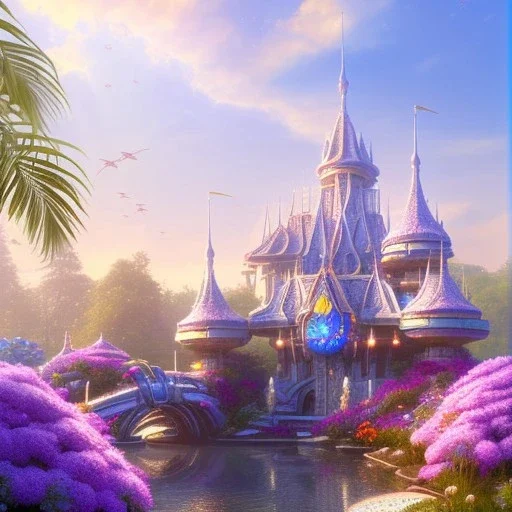 landscape of summer tropical ambient beutiful castle white gold and neon lights bright and colorful bright gloss effect of a futuristic house,like spaceship, natural round shapes concept, large transparent view of the open outdoor garden,sea beach at sunset, gold crystals,with light pink, flowers of Lotus, beutiful pools, light of sun , palmiers,cerisiers en fleurs, wisteria, sun , stars, small waterfalls