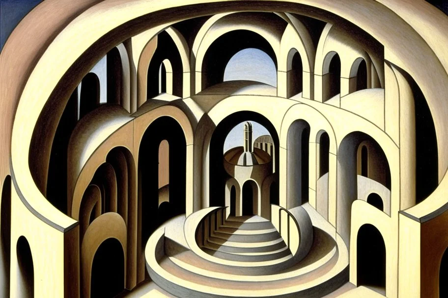 arches arranged in a semicircle, in the middle a slim round tower with an external spiral staircase, symmetrical, by artist "de Chirico",by artist by artist "Escher"