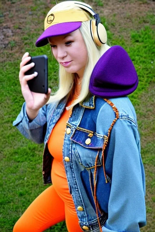 blonde taking selfie.thick thighs,thick calves,flat belly,curvy fell. Mantle is sewed of upcycled Denim and it is sewed together of camouflage pieces, whose color are all denim colors, orange, cream and purple. Big colored headphones (gold rings!) is merged with small felt cap with small visor. It is with big bright purple felt tippet and birght-colored-hood is merged with colorful beanie. Style: Haute Couture, 1980's Finland, N.Y.C fashion in 2023