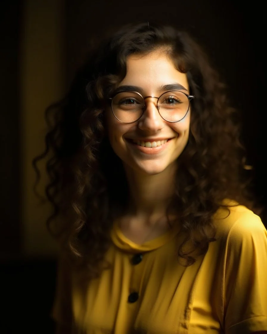 Jeune femme au sourire éclatant, longue et élancée, button nose, cheveux noirs, longs, bouclés et volumineux, porte de grandes lunettes rondes à la monture transparente. Elle porte un t-shirt de couleur jaune moutarde avec une chemise florale transparente. Rembrandt style lighting, 8k, portrait, HD.